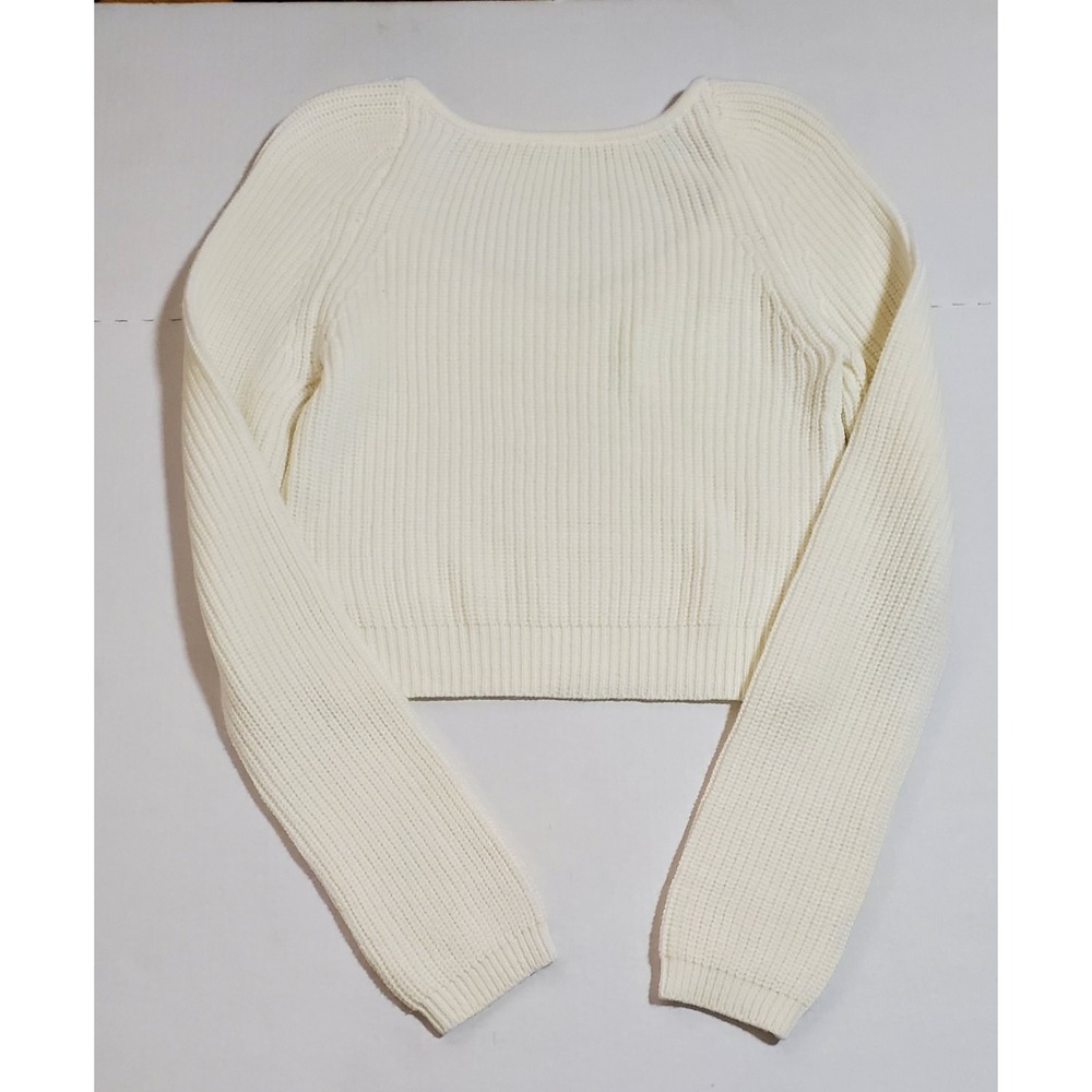 Garage‎ Cream Cropped Knit Sweater Long Sleeve Scoop Neck Ribbed Top - Picture 5 of 14